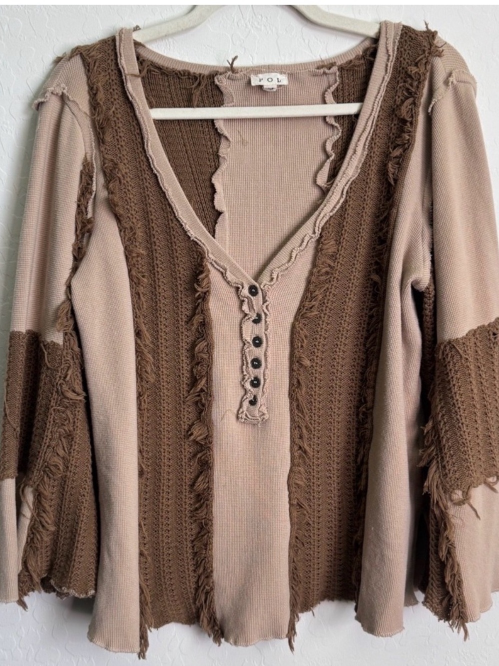 POL Womens Boho Mixed Media Thermal Henley Top Crochet Fringe Size M Fairycore